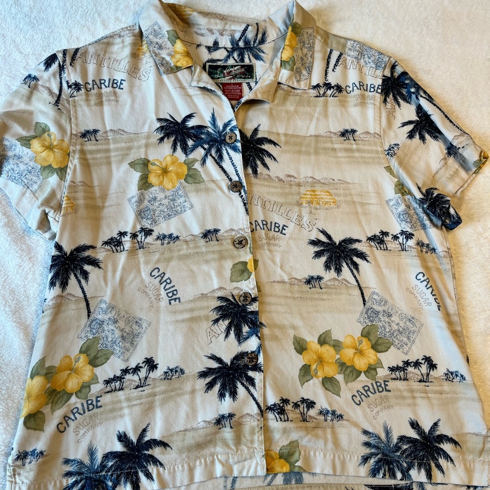 Caribbean-Print Button-Down Shirt - Cream with Yellow Floral